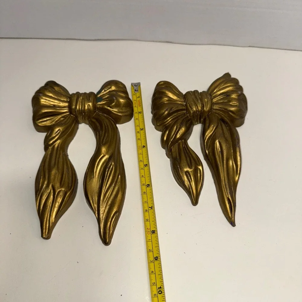 Vintage Gold Tone Bow Wall Decor Set‎ of 2 Coquette Hanging Accents HOMCO Style
